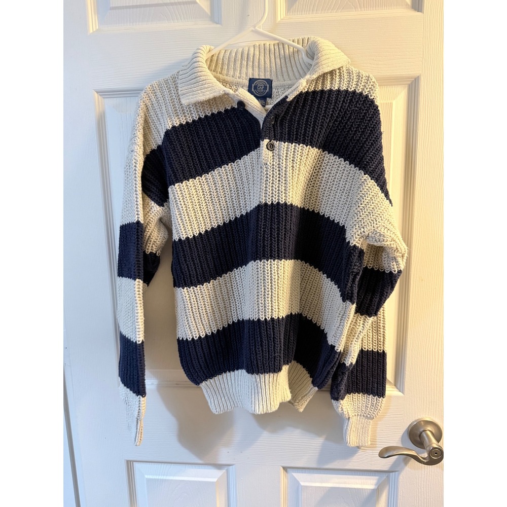 Vintage Gap Striped Shaker Knit Sweater Navy Cream Collared Pullover Large